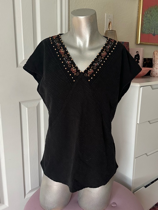 White Stag Tops - White Stag Black Beaded Floral Embroidered Neckline Top